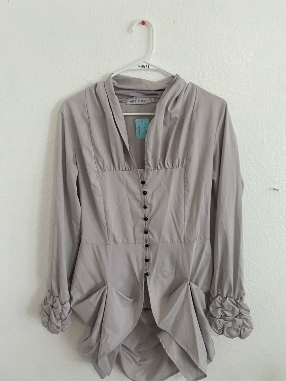 MISSLOOK Taupe Button-Front Ruffle Hem Blouse - Picture 3 of 5